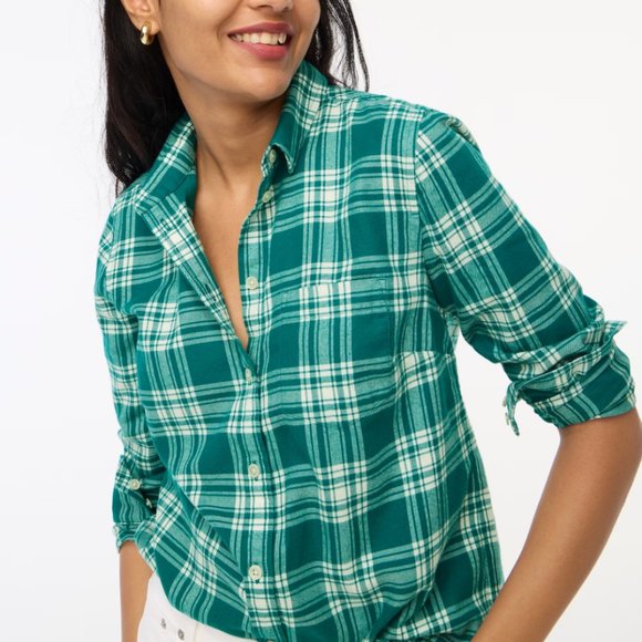 J. Crew Factory Tops - J Crew NEW NWT Womens Green Ivory Plaid Flannel Shirt Button Up